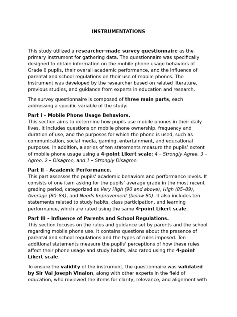 INSTRUMENTATION | PDF | Survey Methodology | Likert Scale