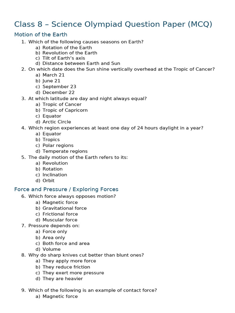 Class 8 Science Olympiad Worksheet - Mcqs | PDF | Force | Mirror