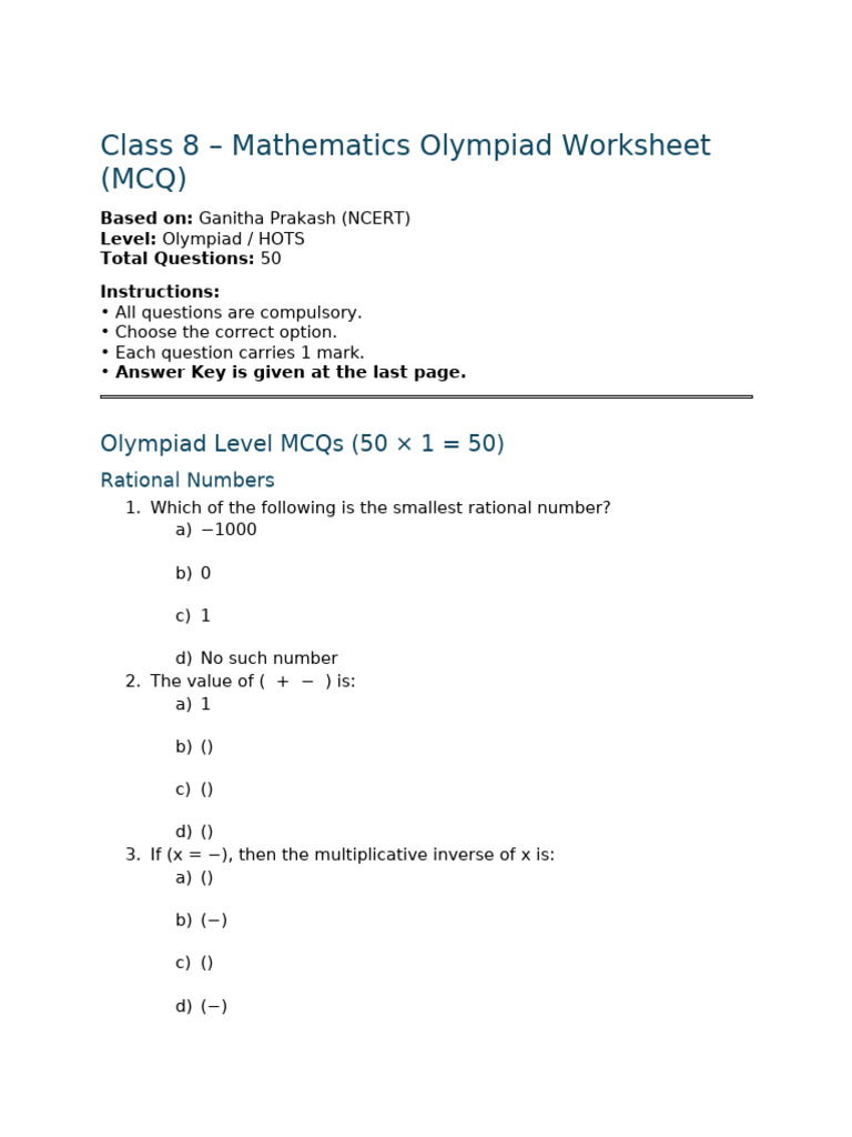 Class 8 Maths Olympiad MCQ Worksheet (Ganitha Prakash) | PDF ...