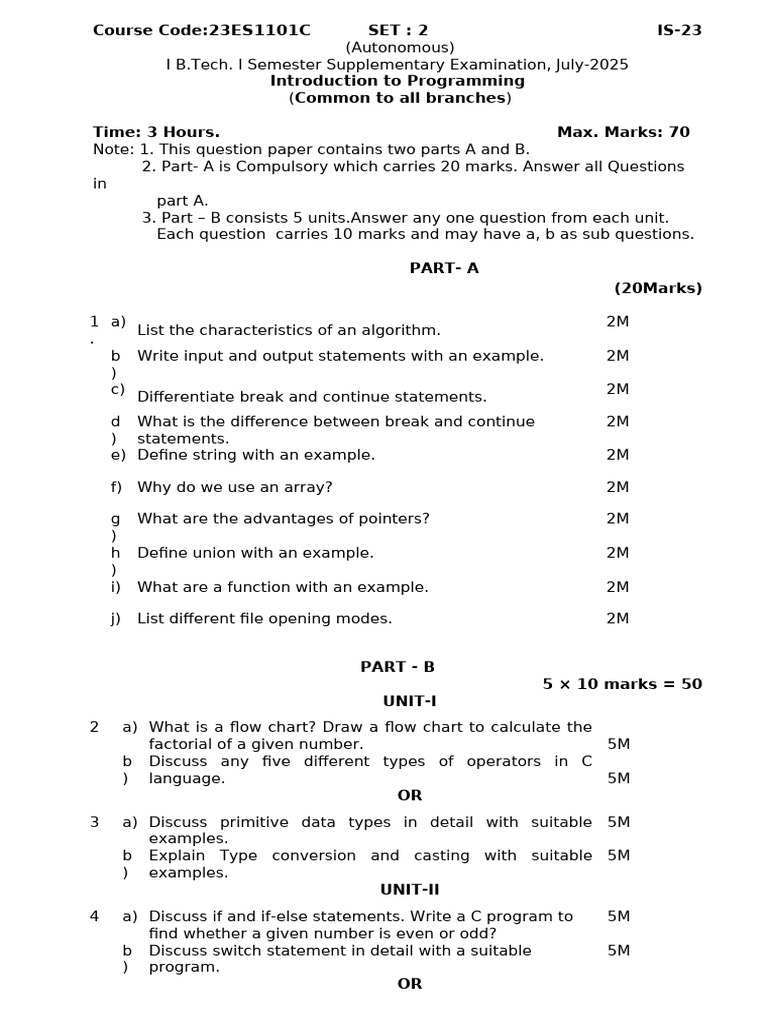 Intro To Programing QP - Set-2 | PDF | Pointer (Computer Programming ...