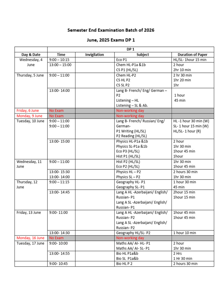DP1 - June Exam Schedule | PDF