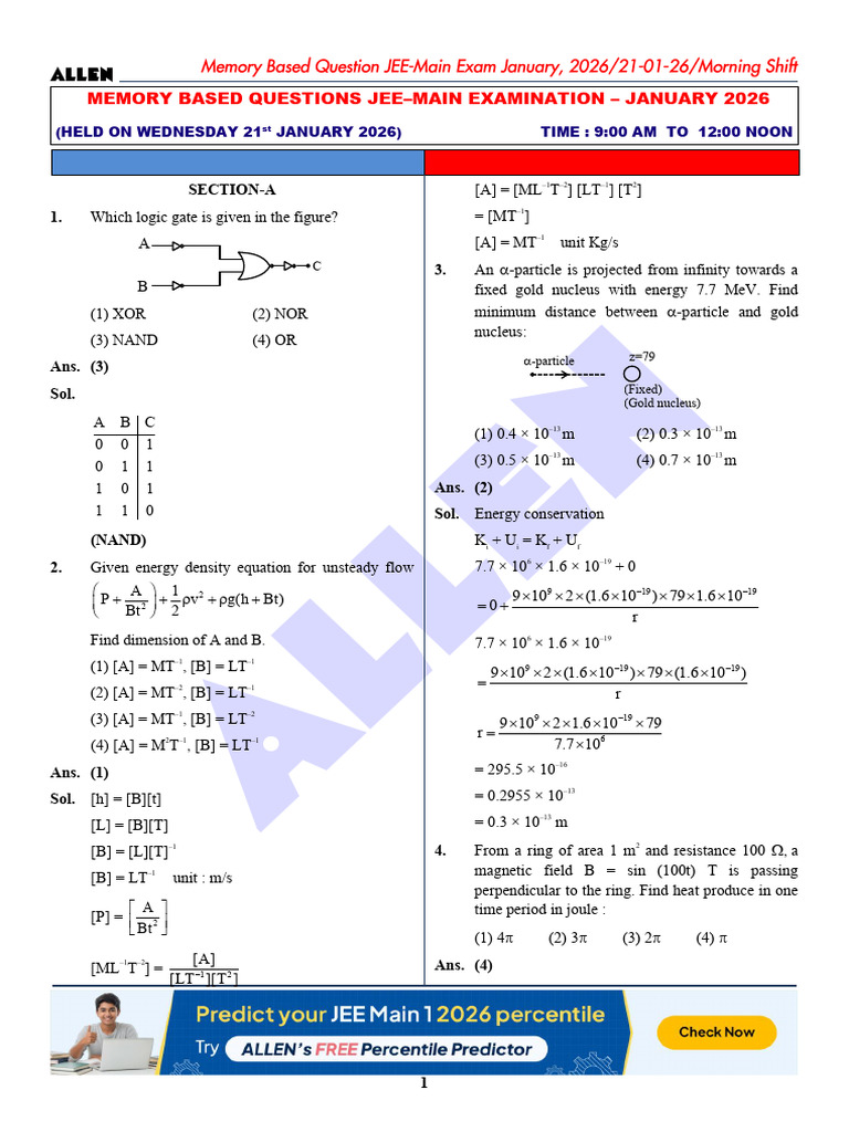 JEE Mains Jan 21 Shift 1 2026 | PDF | Electronvolt | Physics