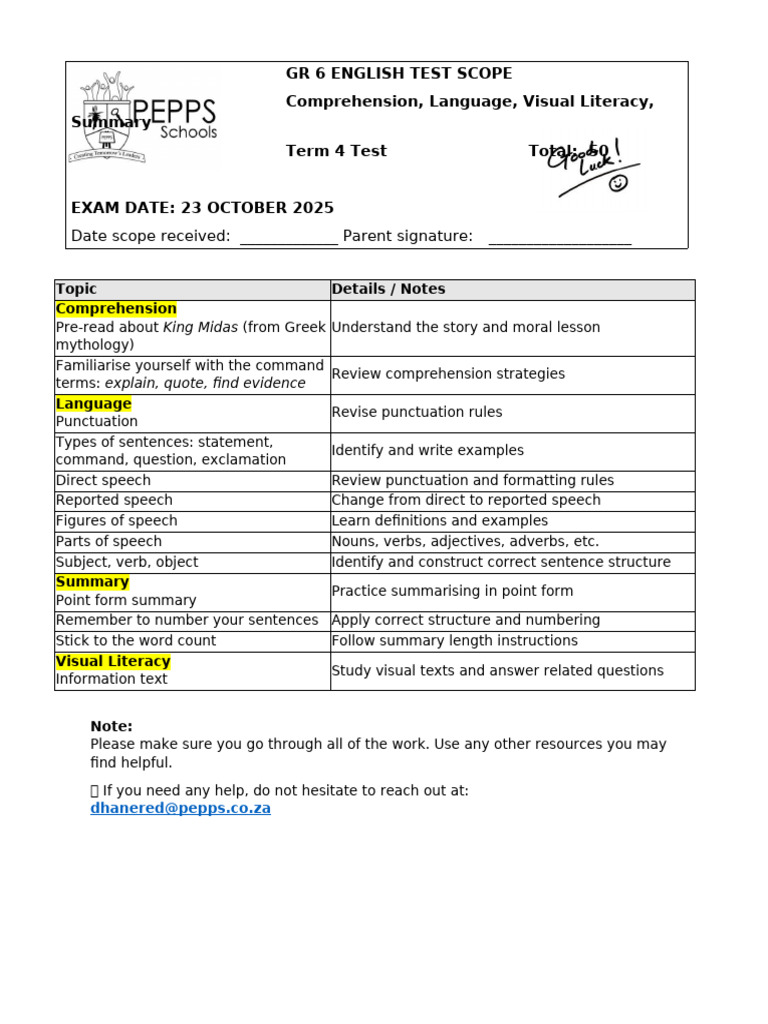 Gr 6 English Term 4 Test Scope | PDF