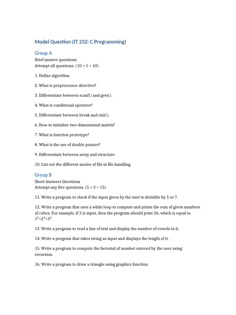 IT232 C Programming Model Question | PDF