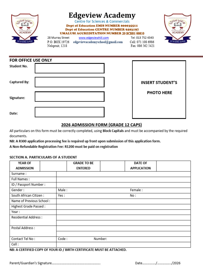 Grade 12 Caps Application Form 2026 PDF | PDF | Surety | Classroom