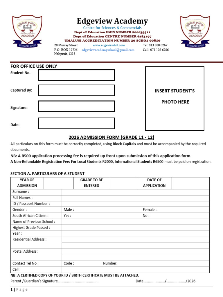 Grade 11-12 Application Form 2026 PDF | PDF | Surety | Fee