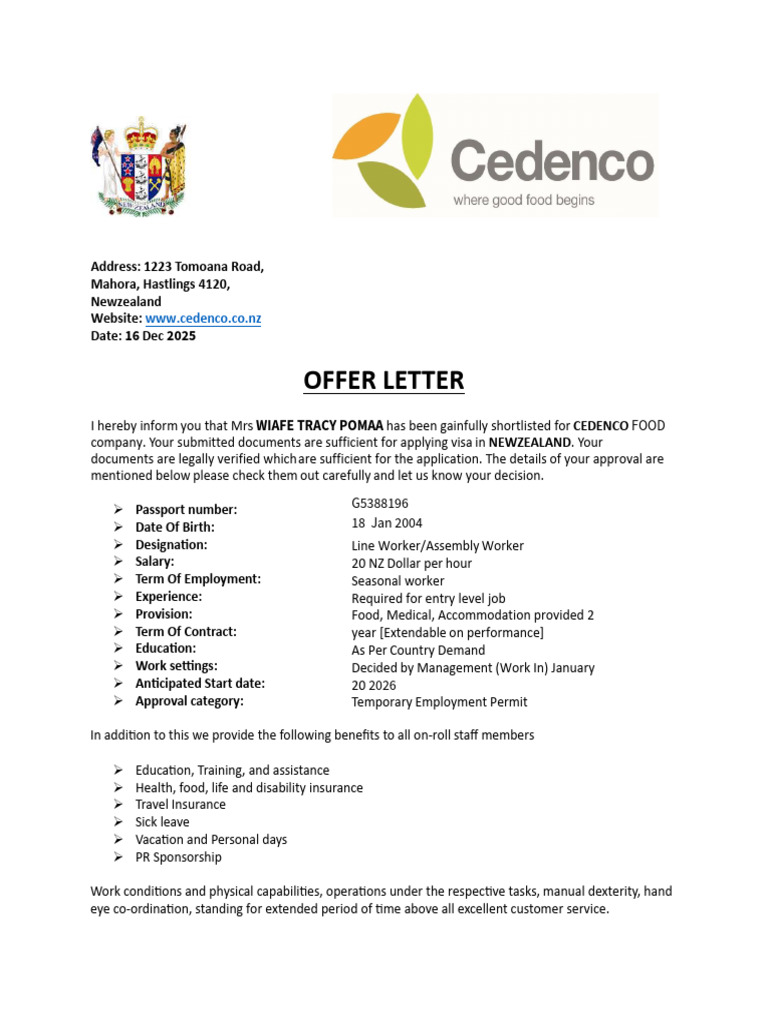 WIAFE TRACY New Zealand Offer Letter | PDF | Travel Visa | Employment