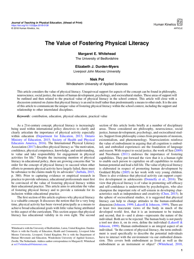 The Value of Fostering Physical Literacy | PDF | Embodied Cognition ...