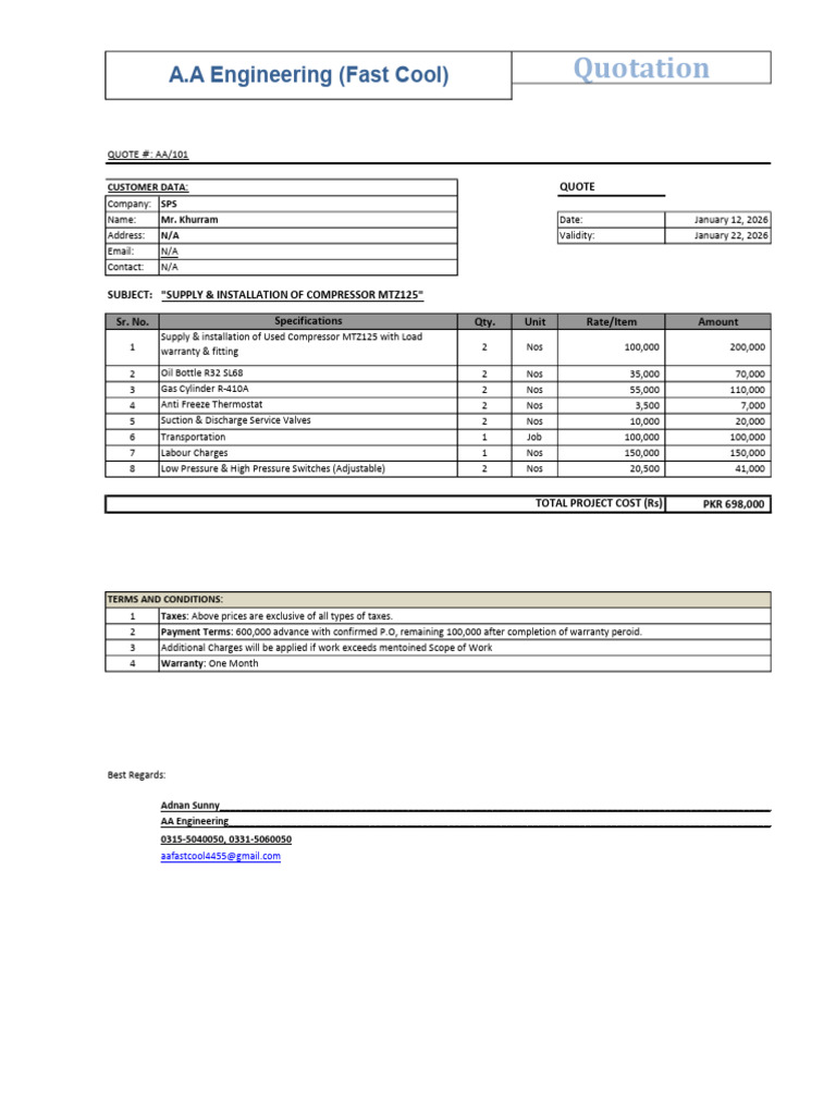 Quotation For Compressor Replacement | PDF | Equipment | Mechanical ...