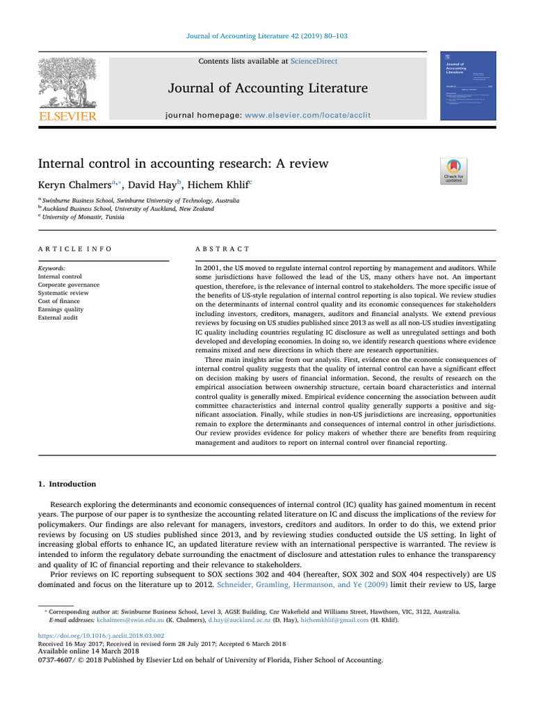 Internal Control in Accounting Research A Review | PDF | Audit ...