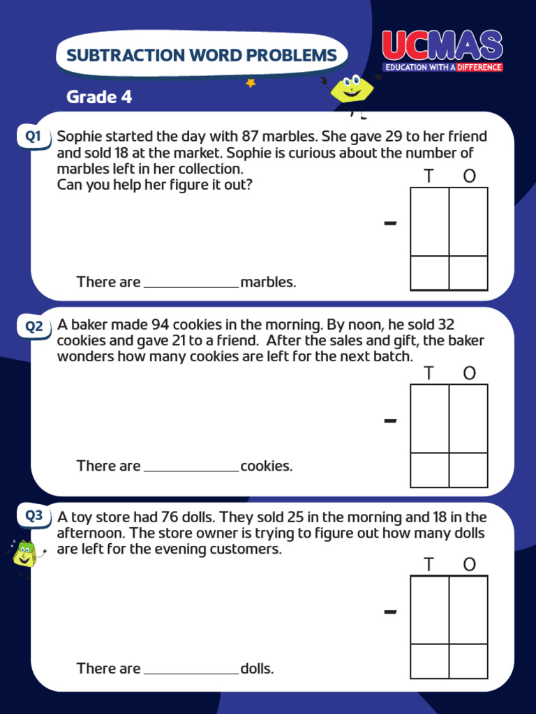 UCMAS Word Problem Math Worksheets Subtraction Grade4 | PDF