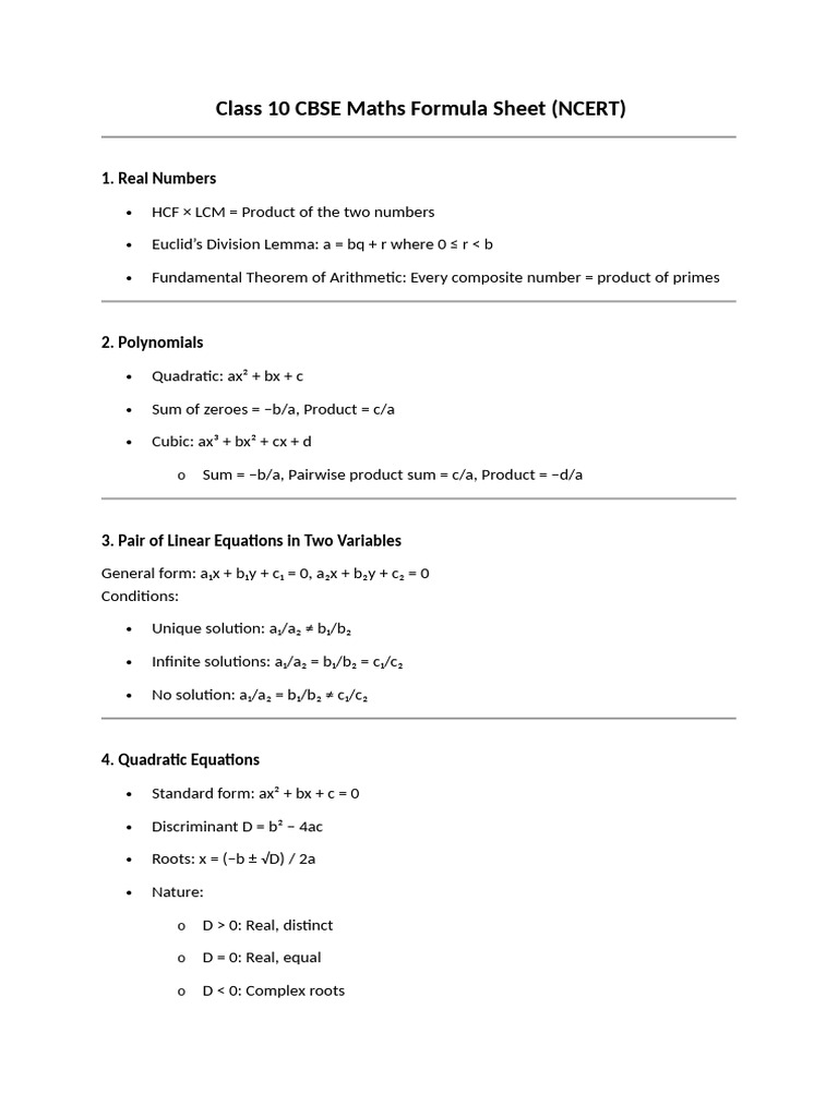 Class 10 CBSE Maths Formula Sheet | PDF