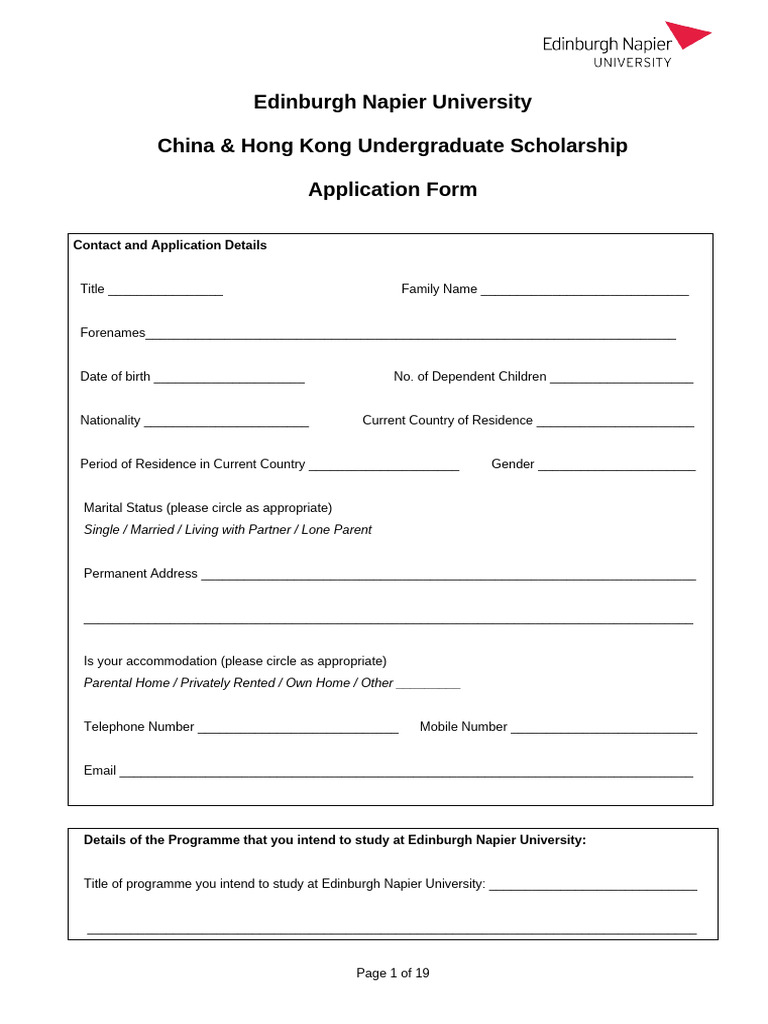 Edinburgh Napier University Hong Kong Scholarship Application Form ...