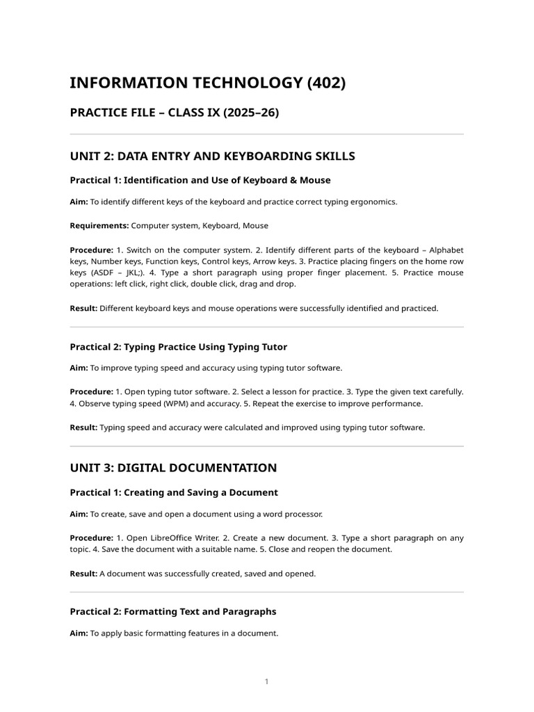 Class 9 It (402) Practice File - Units 2 To 5 | PDF | Spreadsheet ...