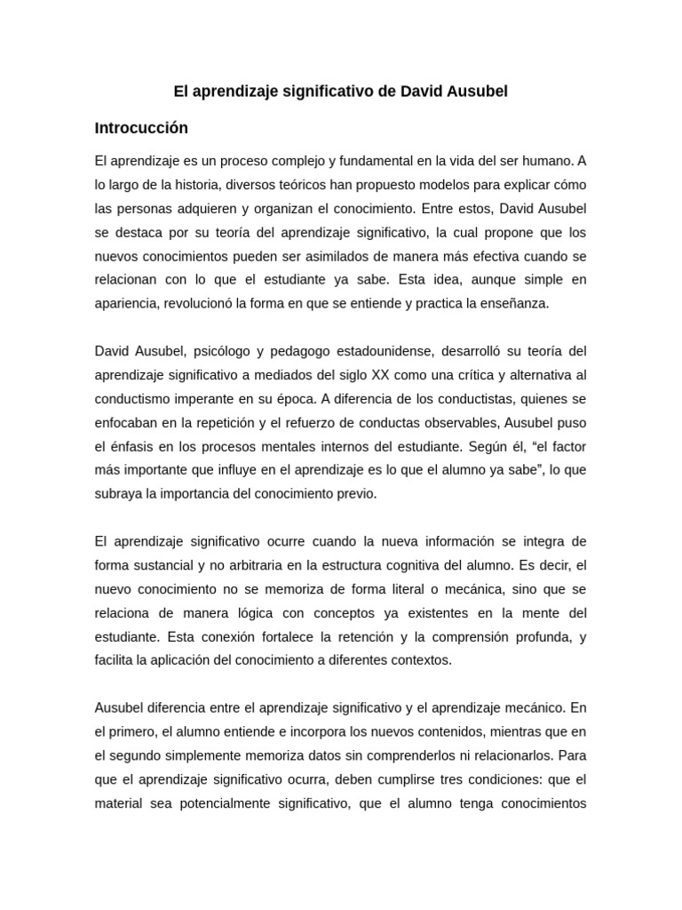 El Aprendizaje Significativo de David Ausubel | PDF | Aprendizaje ...