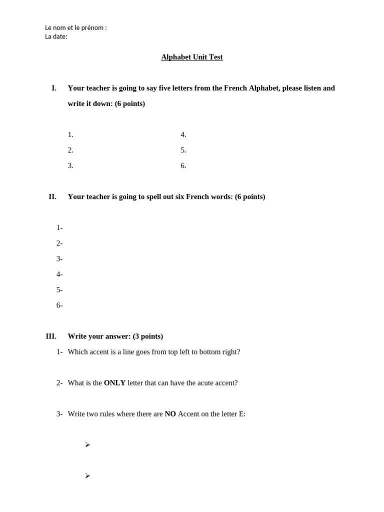 Alphabet Unit Test | PDF
