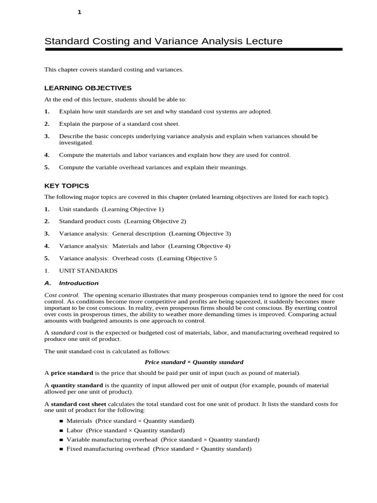 Lecture Notes STD Costing and Variance Analysis | PDF | Variance | Cost