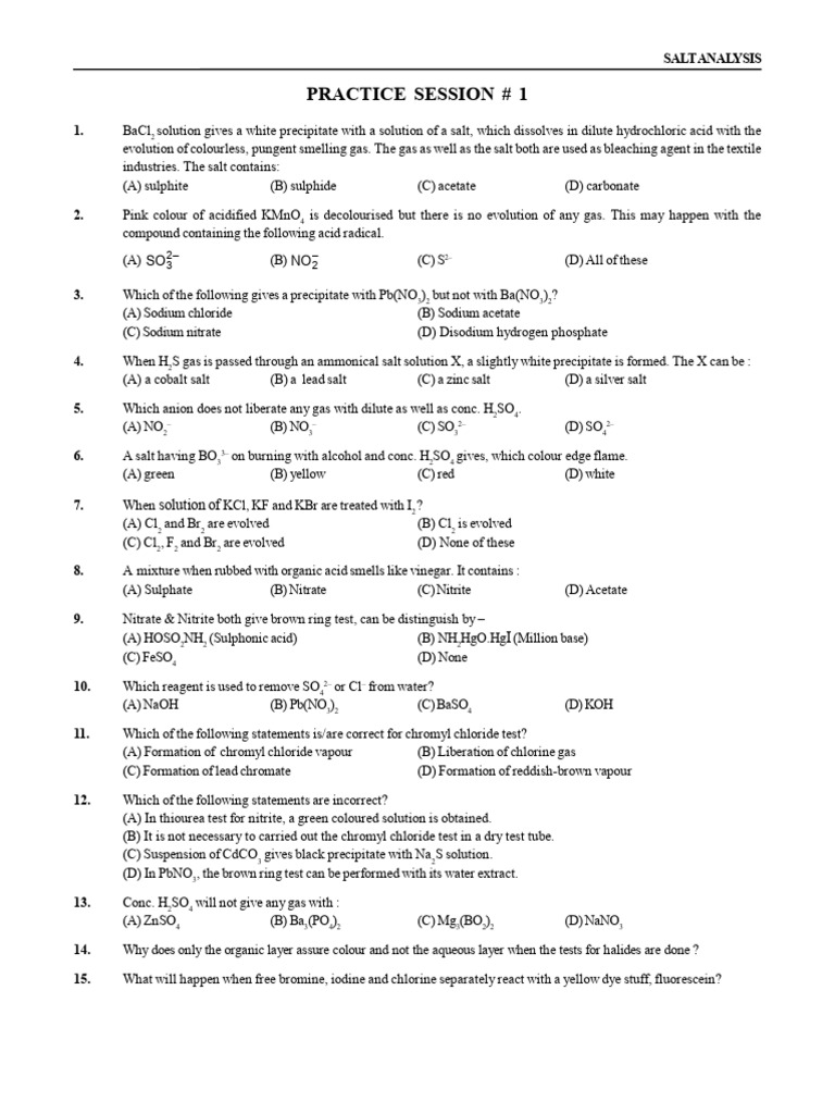 Salt Analysis Practice Session-1 | PDF | Chlorine | Salt (Chemistry)
