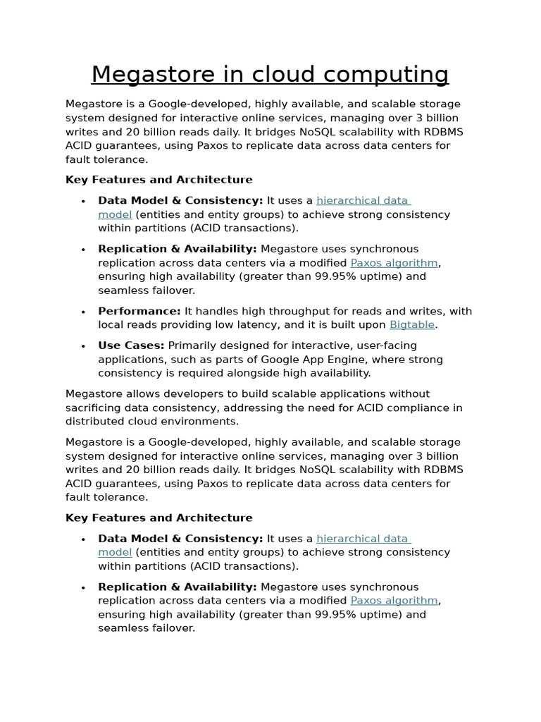 Megastore in Cloud Computing | PDF | Replication (Computing) | Scalability