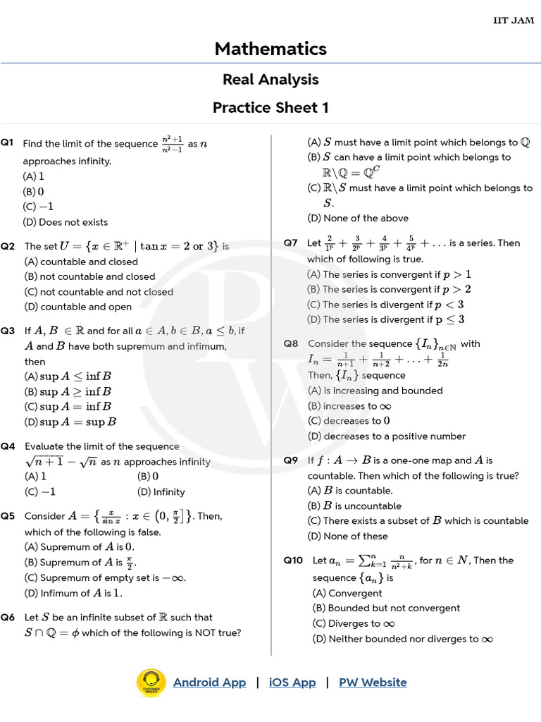 Real Analysis Practice Sheet 1 Solutions | PDF | Limit (Mathematics ...