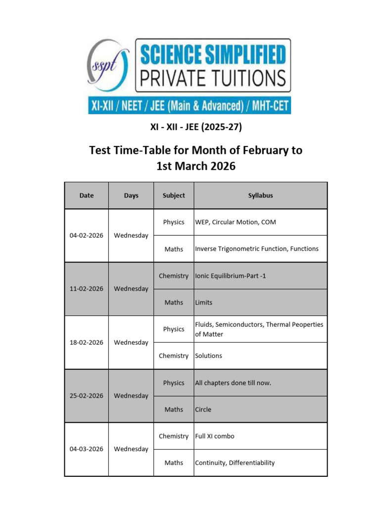11th JEE Test Time Table (FEB.2026) | PDF