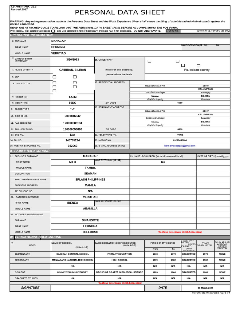 Personal Data Sheet CS Form No. 212 Revised 2017 | PDF | Government ...