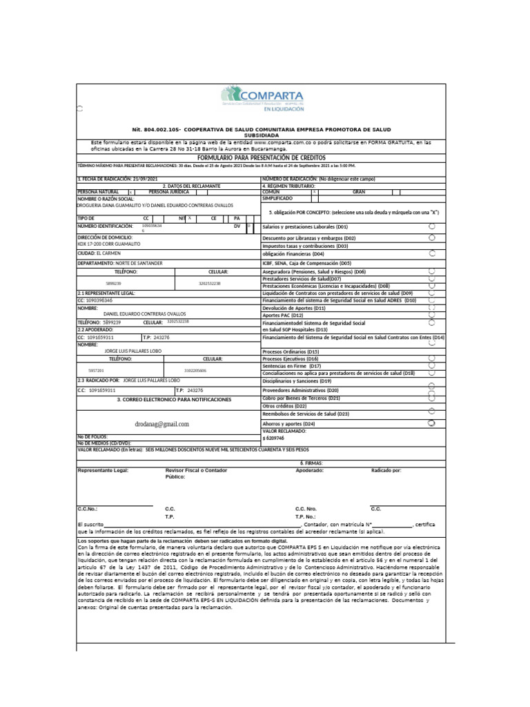 Formulario Radicación de Acreencias COMPARTA EPS S EN LIQUIDACIÓN | PDF