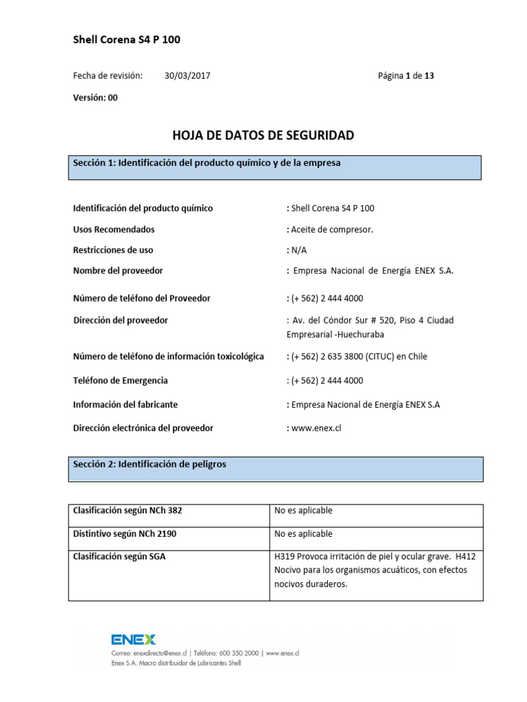 Shell Corena S4 P 100 MSDS | PDF | Guante | Agua