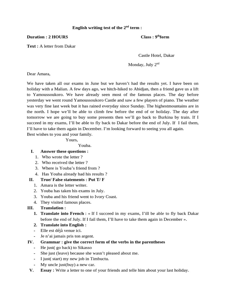 English Writing Test of the 2nd Term | PDF