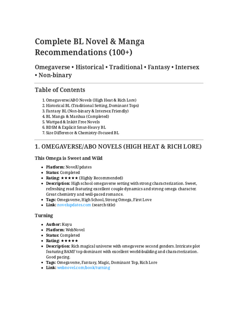 Complete BL Novel Recommendations | PDF | Romance Novels | Manga