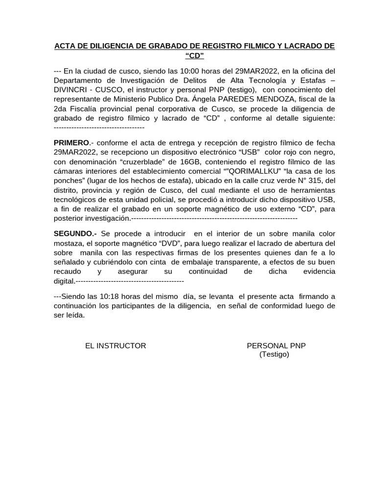 Acta de Quemado de Registro Filmico y Lacrado de CD | PDF