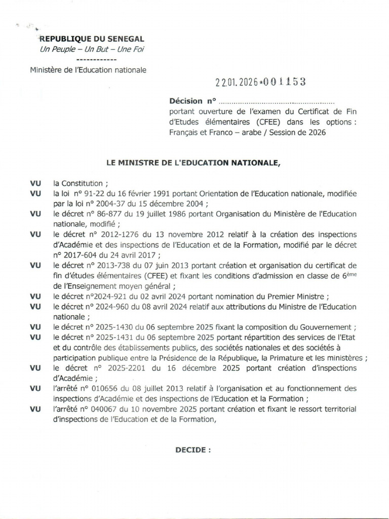 Décision Ouverture CFEE 2026 | PDF