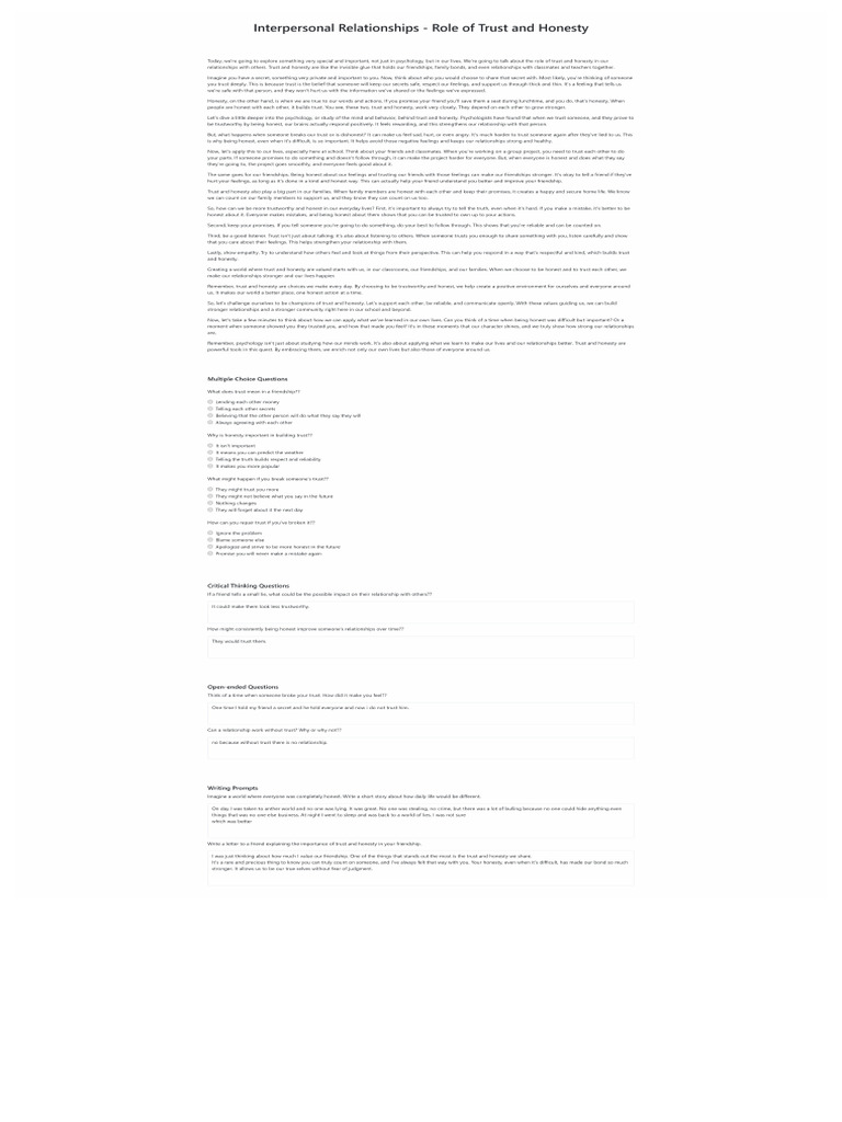 Interpersonal Relationships Role of Trust and Honesty | PDF