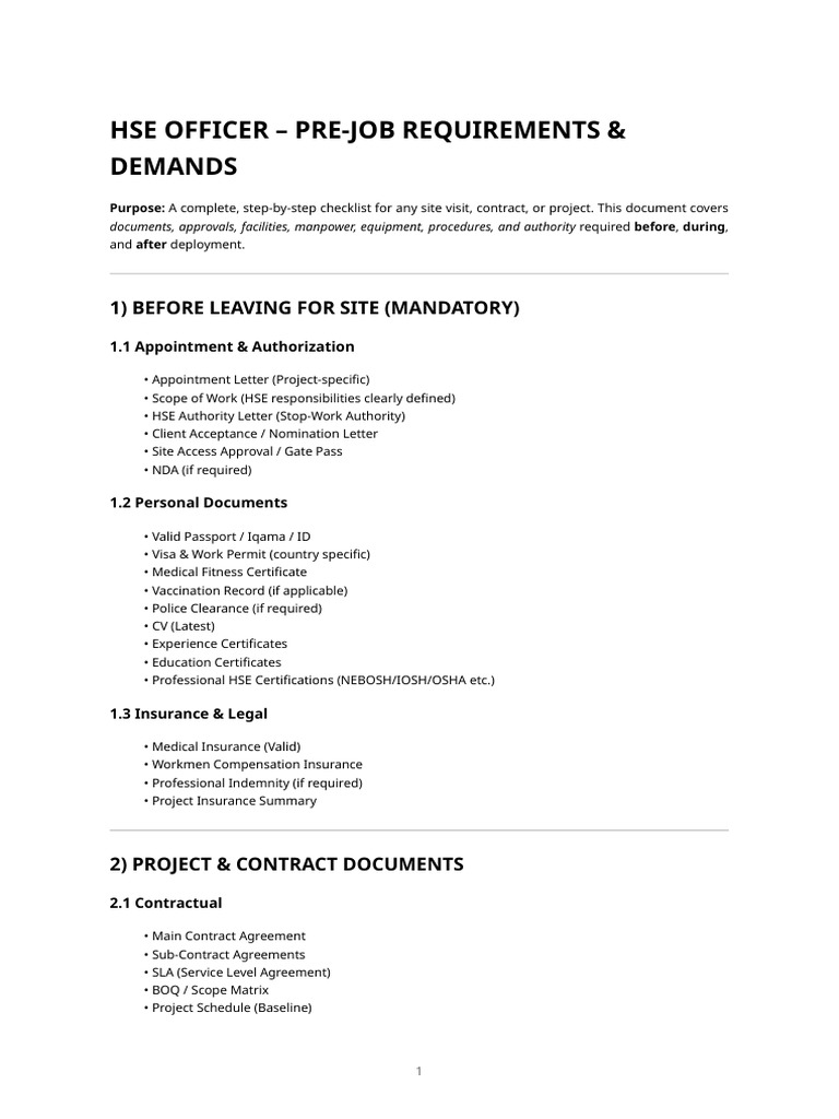 Hse Officer - Pre Job Requirements & Demands (Complete Checklist) | PDF ...