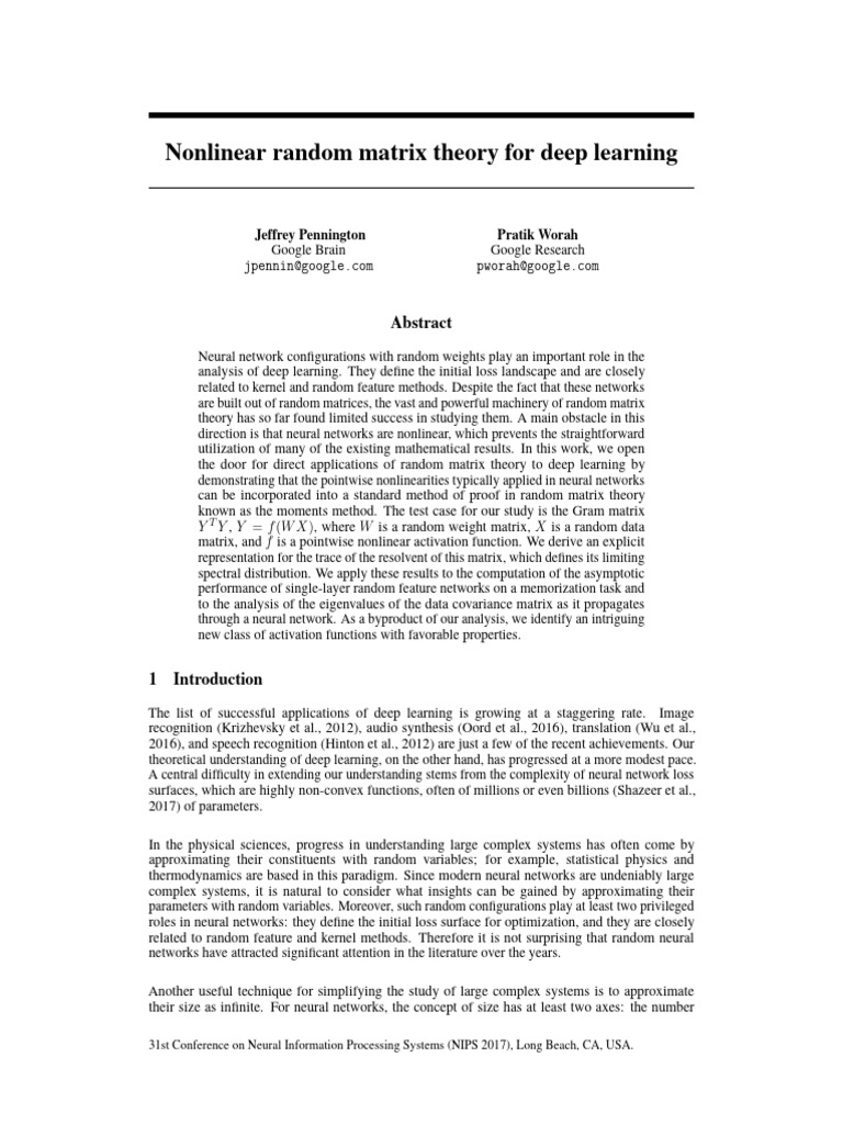 NIPS 2017 Nonlinear Random Matrix Theory for Deep Learning Paper | PDF ...