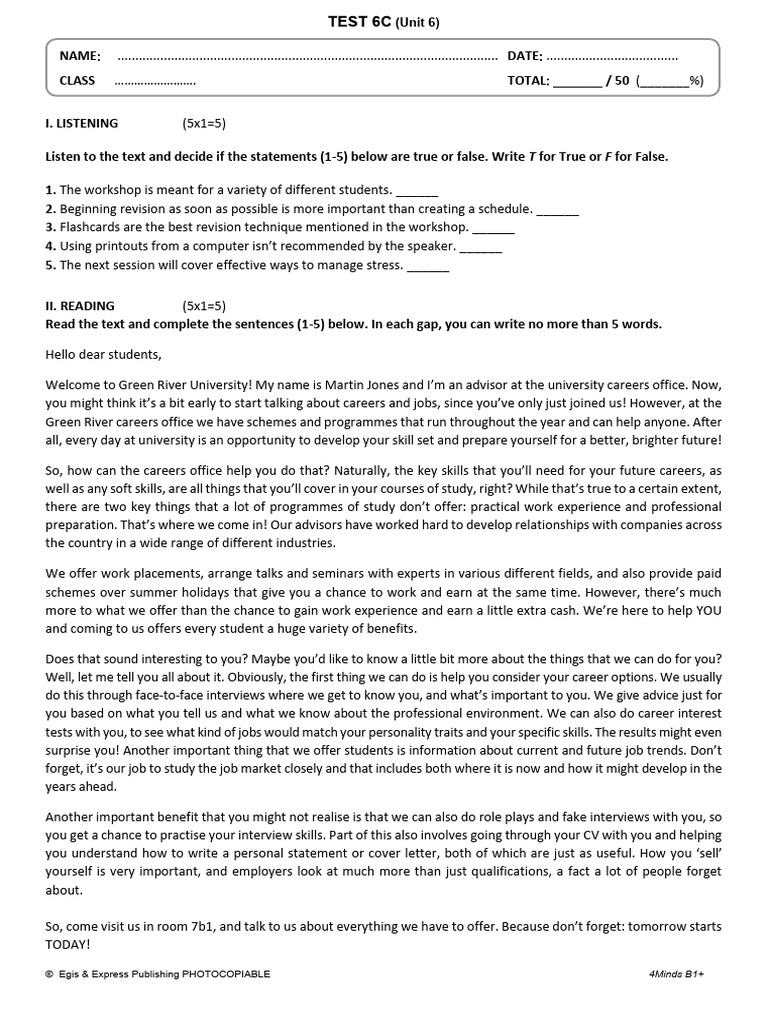 2 4m B1plus Unit Test 6 C Final | PDF