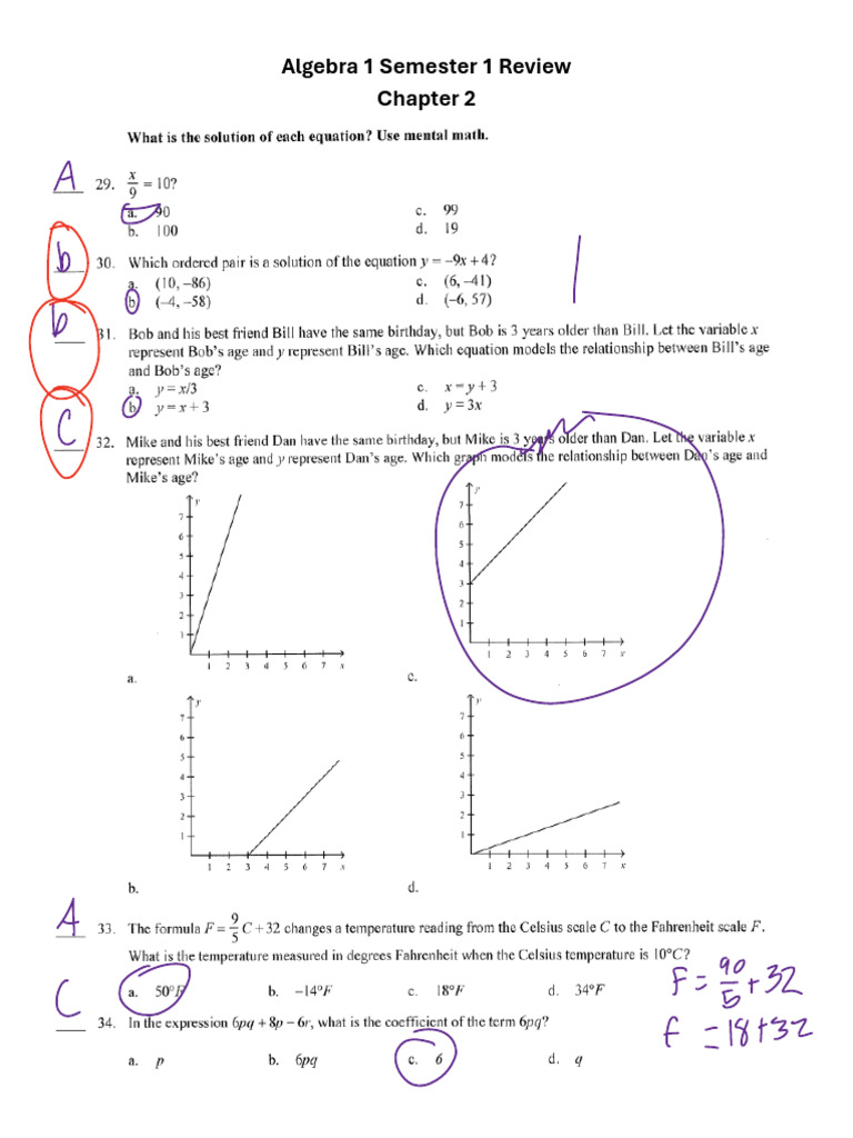 Algebra 1 Semester 1 Review Chapter 2 | PDF