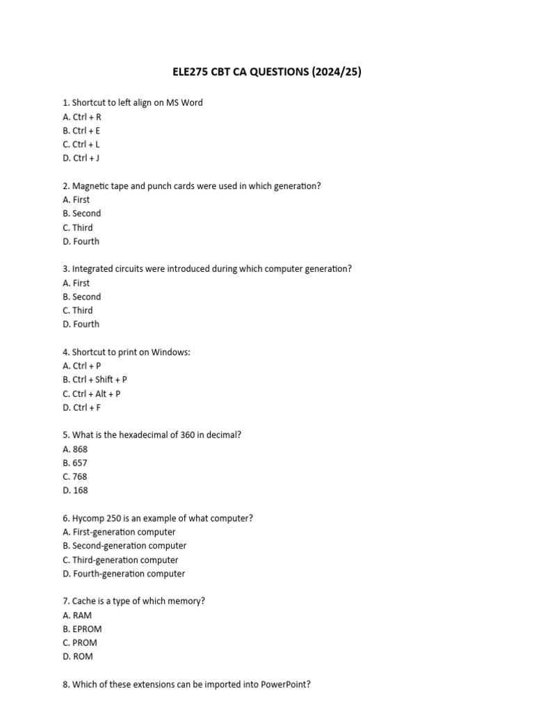 Ele275 CBT CA Questions | PDF | Computer Hardware | Microsoft Excel