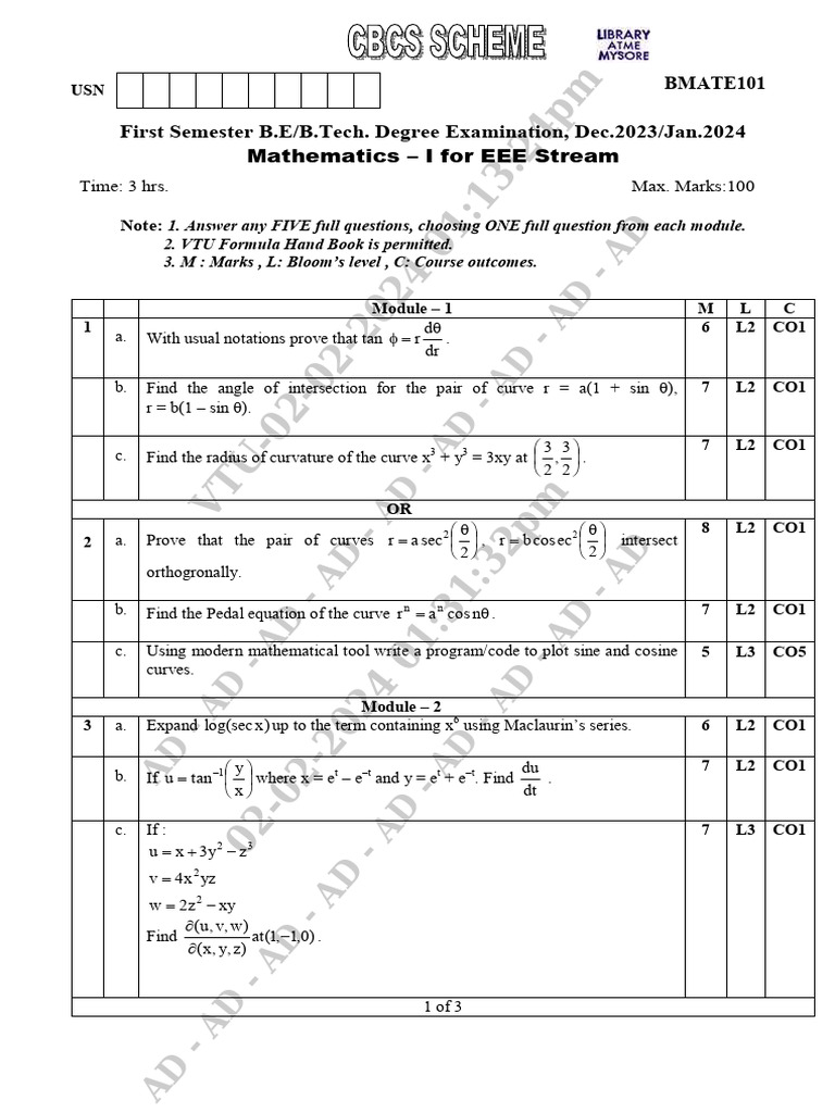 Mathematics - I For EEE Stream BMATE101 Dec2023-Jan2024 | PDF ...