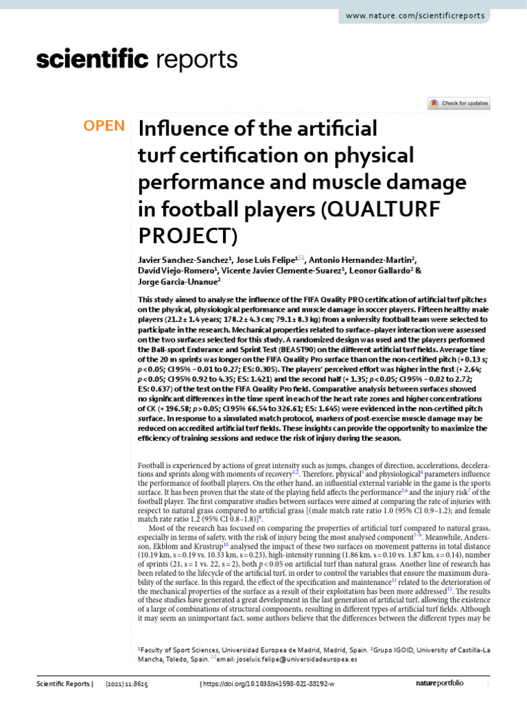 Influence of Artificial Turf On Physical Performance and Muscle Damage ...