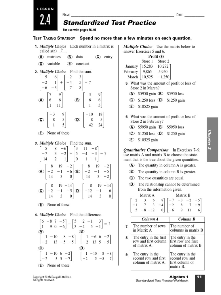 2.4 Standardized Test | PDF | Matrix (Mathematics) | Mathematical Objects