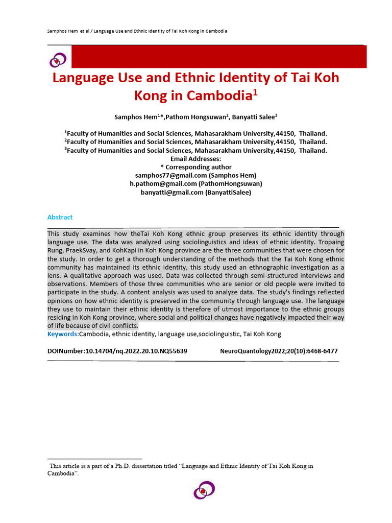 Language Use and Ethnic Identity of Tai Koh Kong in Cambodia | PDF ...