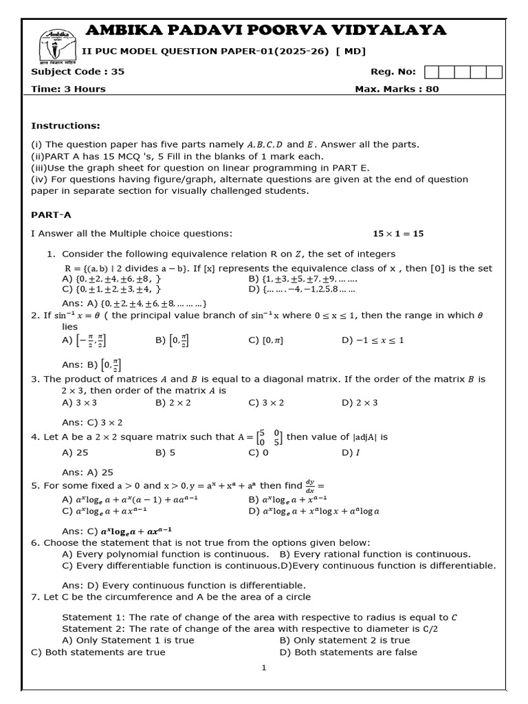 Iipu Maths Model 3 2025-26 | PDF | Matrix (Mathematics) | Function ...