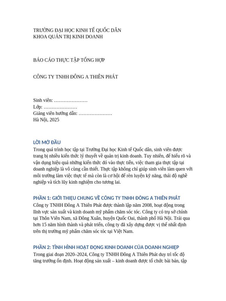 Bao Cao Thuc Tap Tong Hop Dong A Thien Phat | PDF