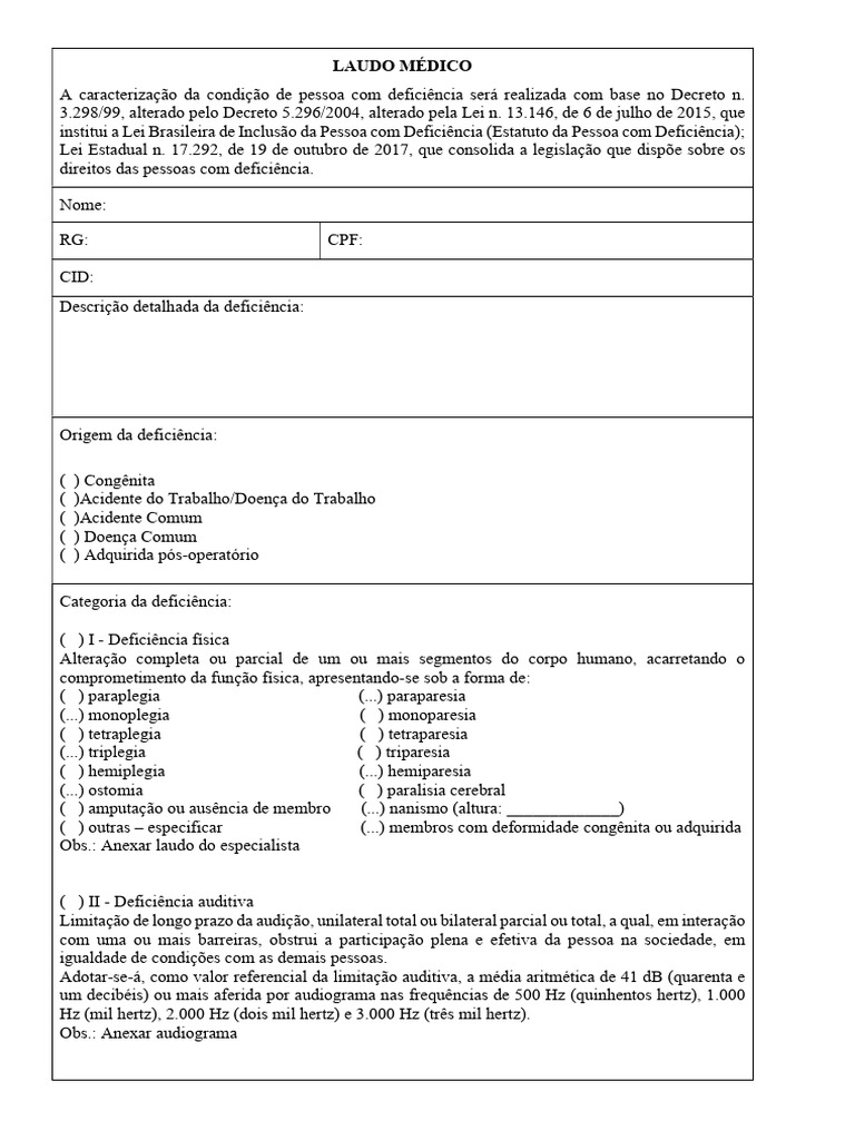 Laudo-Atestado Médico para PCD | PDF | Deficiência visual | Perda de ...