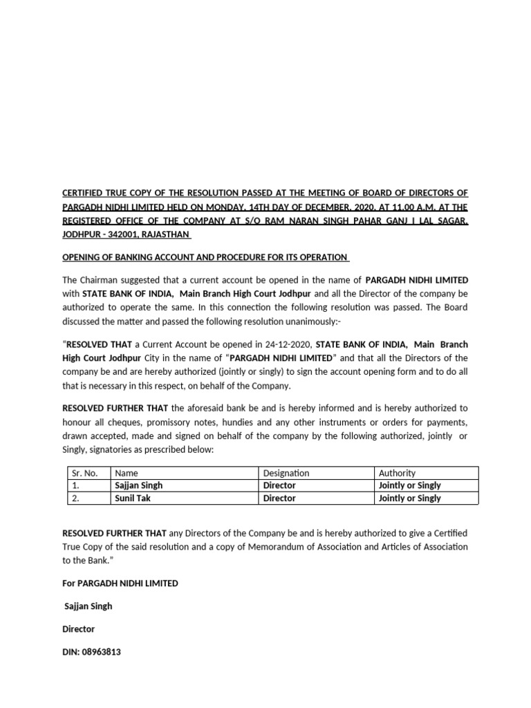 Certified True Copy of the Resolution Passed at the Meeting of Board of ...