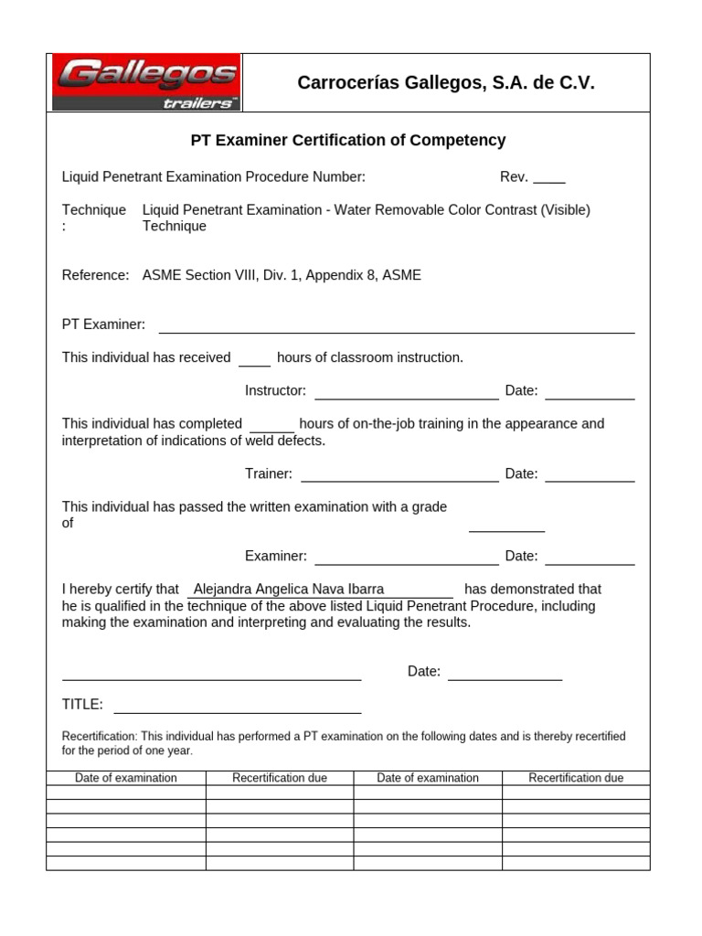 PT Examiner Certification of Competency Format | PDF