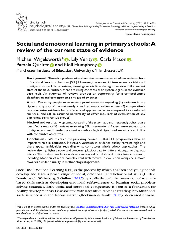 Social and Emotional Learning in Primary Schools - A Rev | PDF | Meta ...