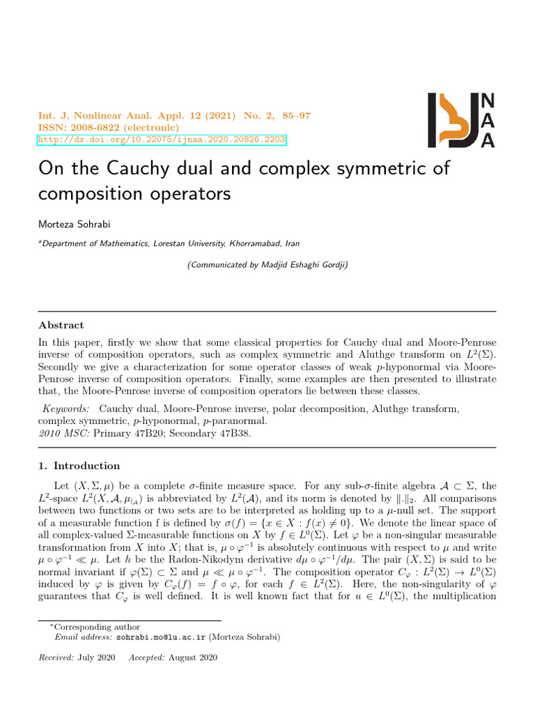 On the Cauchy Dual and Complex Symmetric of Composition Operators | PDF ...