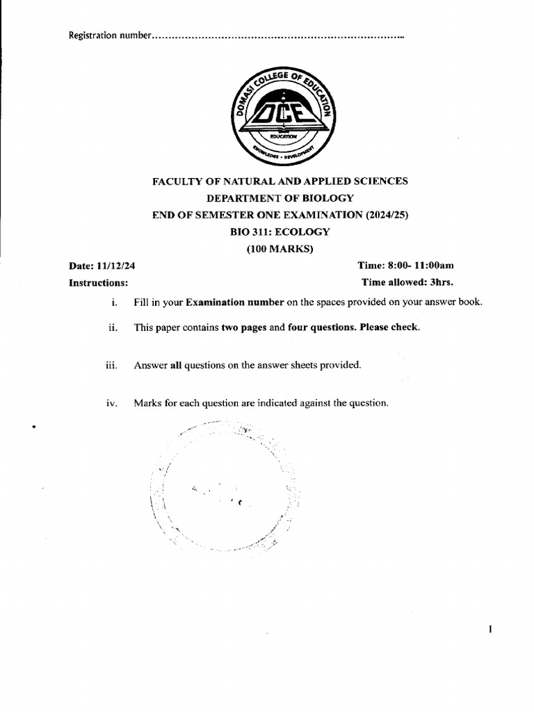Bio 311 Ecology End of Sem 2024 | PDF